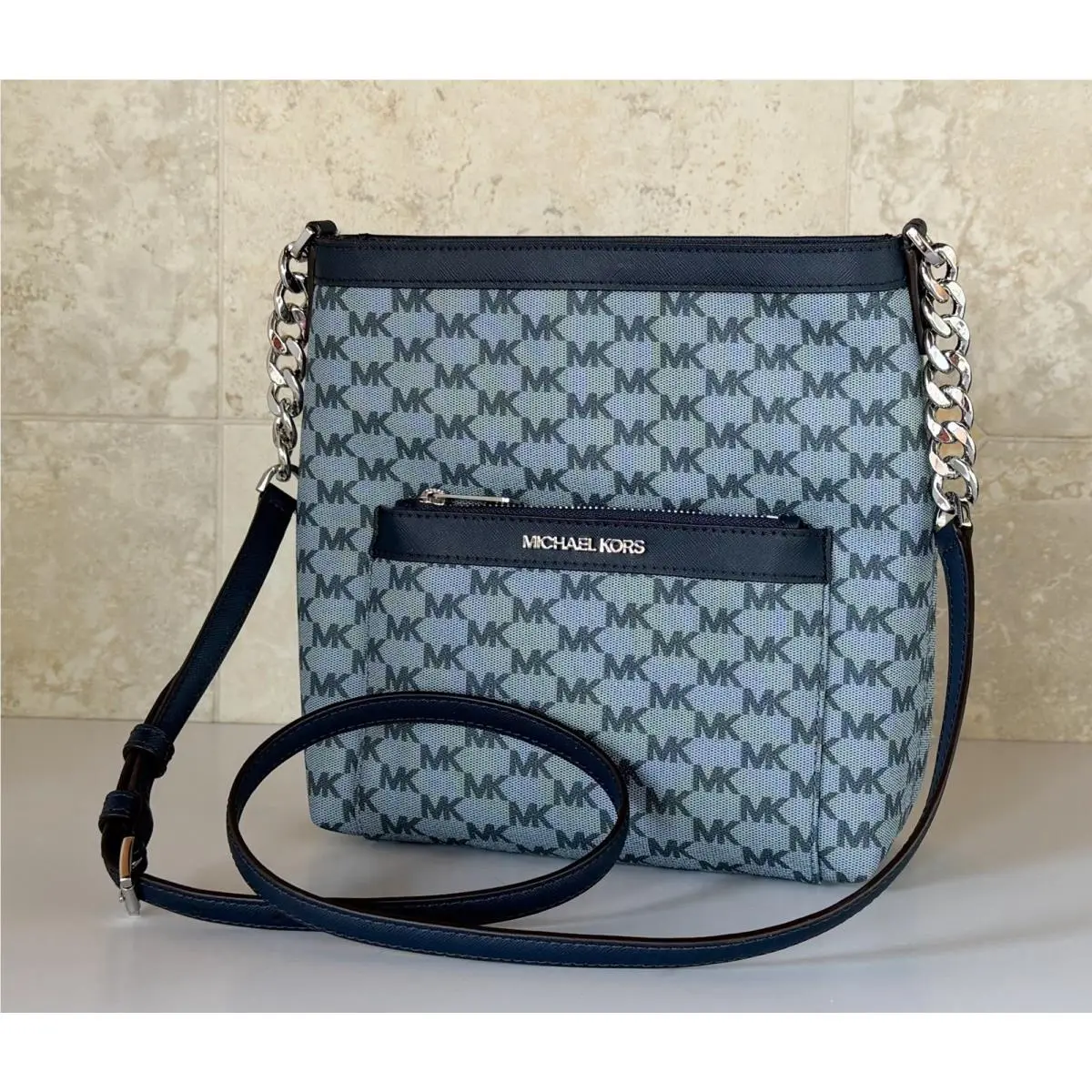 Michael Kors Morgan Medium Shoulder Crossbody Bag MK Pale Blue/navy