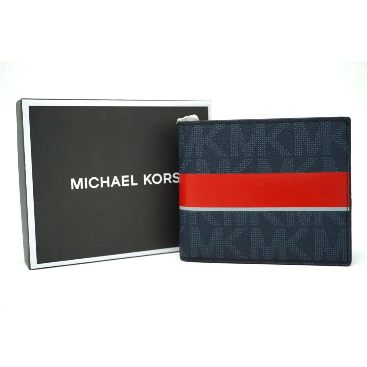 Michael Kors Men’s Jet Set Logo Baltic Blue Bright Red Stripe Billfold Wallet