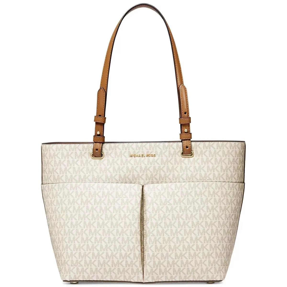 Michael Kors Signature Bedford Medium Top Zip Tote Bag Vanilla 38F2GBFT2B - Handle/Strap: Brown, Hardware: Gold, Exterior: Vanilla