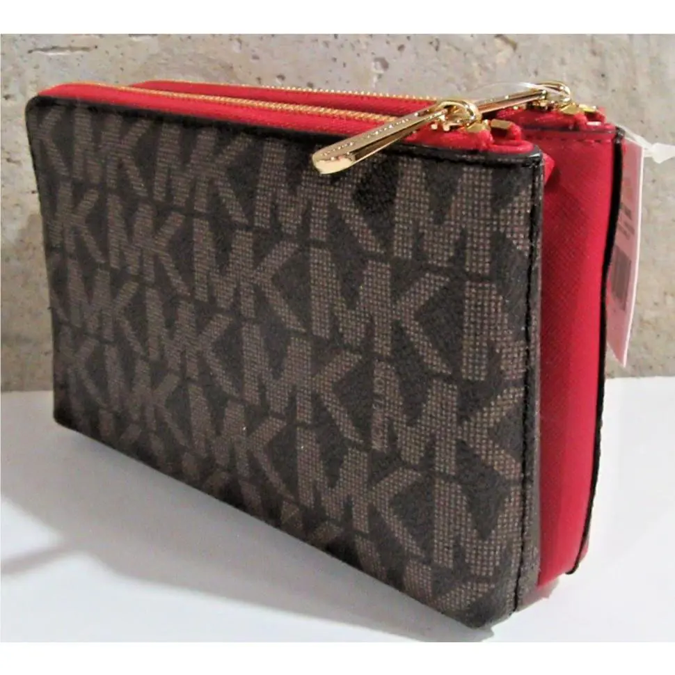 Michael Kors Jet Set Travel Double Zip Gusset Wristlet Wallet Brown / Lipstick
