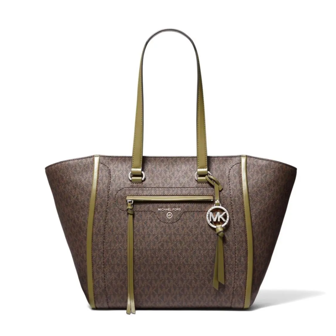 Michael Kors Carine Medium Logo Tote Bag Oregano 30S1SCCT3B - Handle/Strap: Green, Hardware: Silver, Exterior: Brown