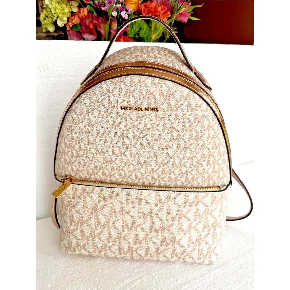 Sheila Medium Two-tone Signature Logo Backpack Rose Gold Pink by Michael Kors