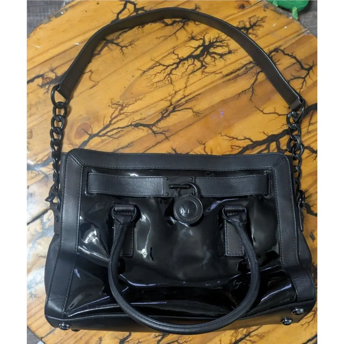 Michael Kors Black Patent Leather Chain Strap Handbag with Interior Pockets