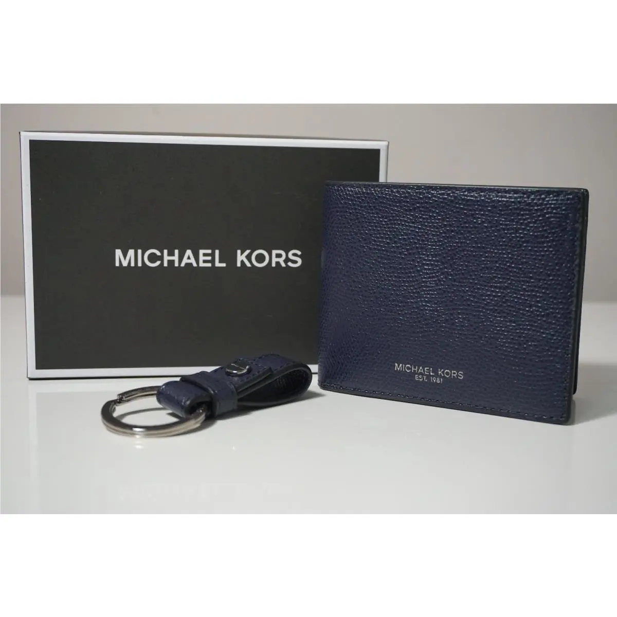 Michael Kors Men`s Navy Billfold Wallet and Key Fob Set