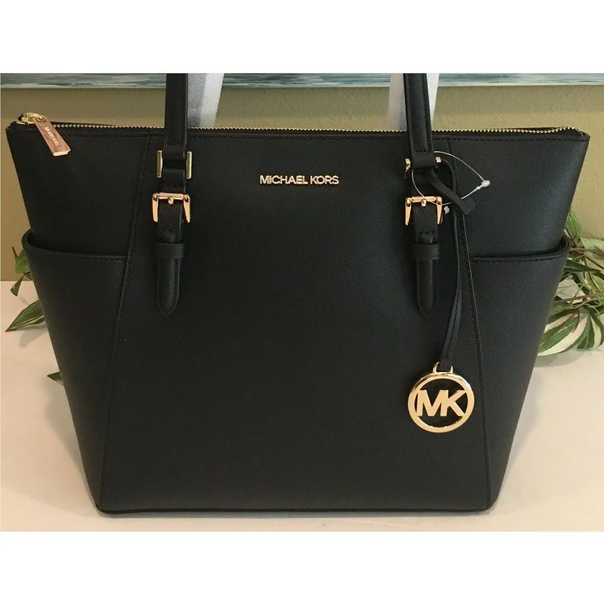 Michael Kors Charlotte Large Medium Zip Tote Shoulder Bag MK Black Leather Gold