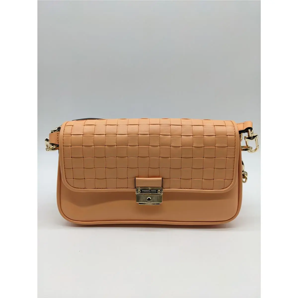 Michael Kors Bradshaw Woven Leather Women`s Crossbody Shoulder Bag -cantalope