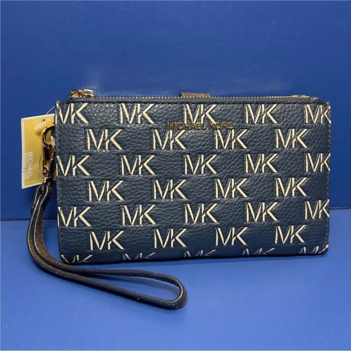 Michael Kors Jet Set Logo Double Zip Wristlet Navy Blue Wallet Clutch