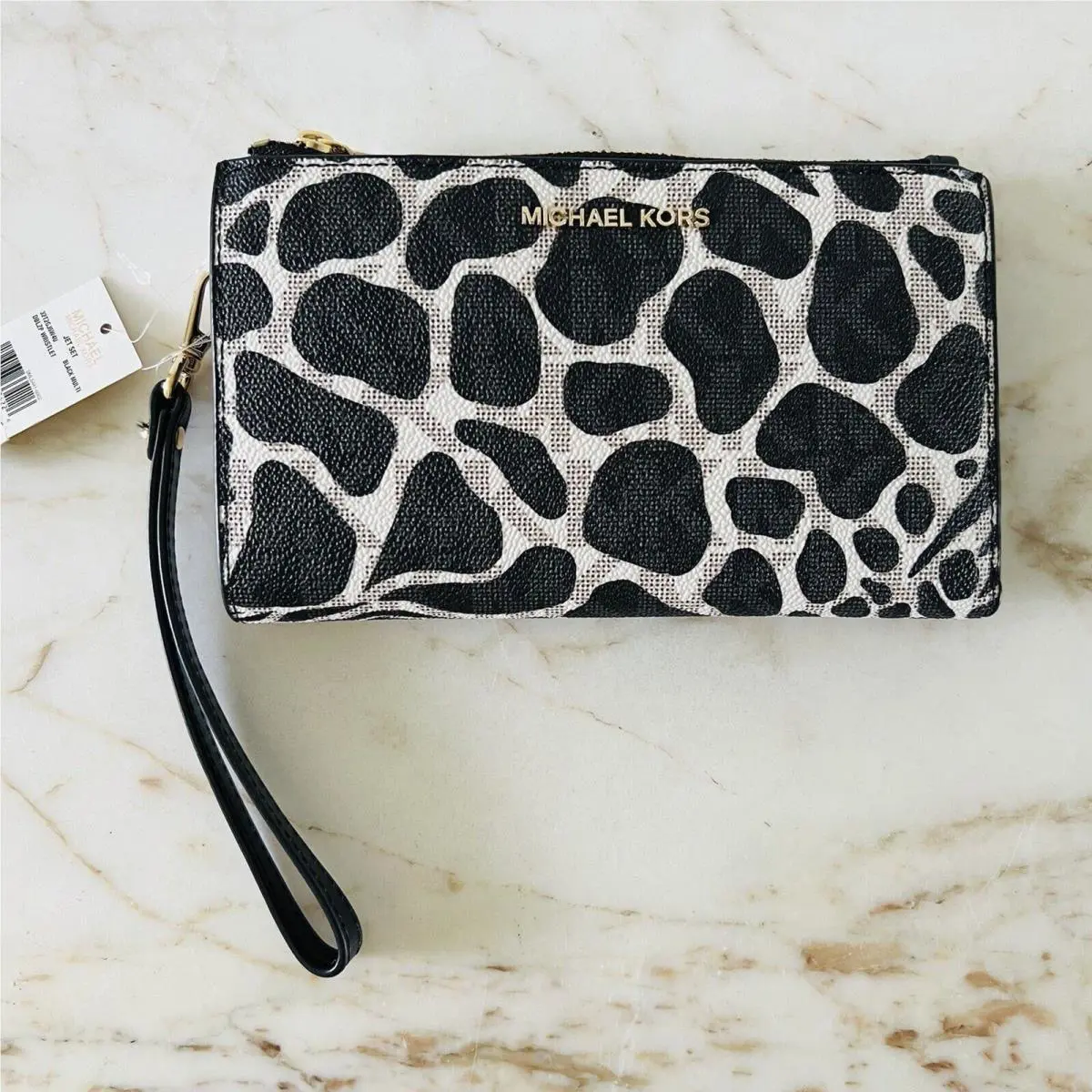 Michael Kors Jet Set Black Multi Leather Logo Print Double Zip Wallet Wristlet