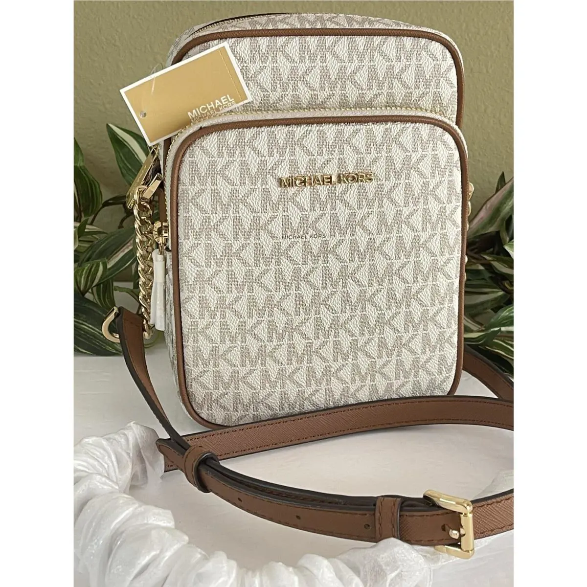 Michael Kors Jet Set Medium NS Chain Crossbody Flight Bag Shoulder MK Vanilla