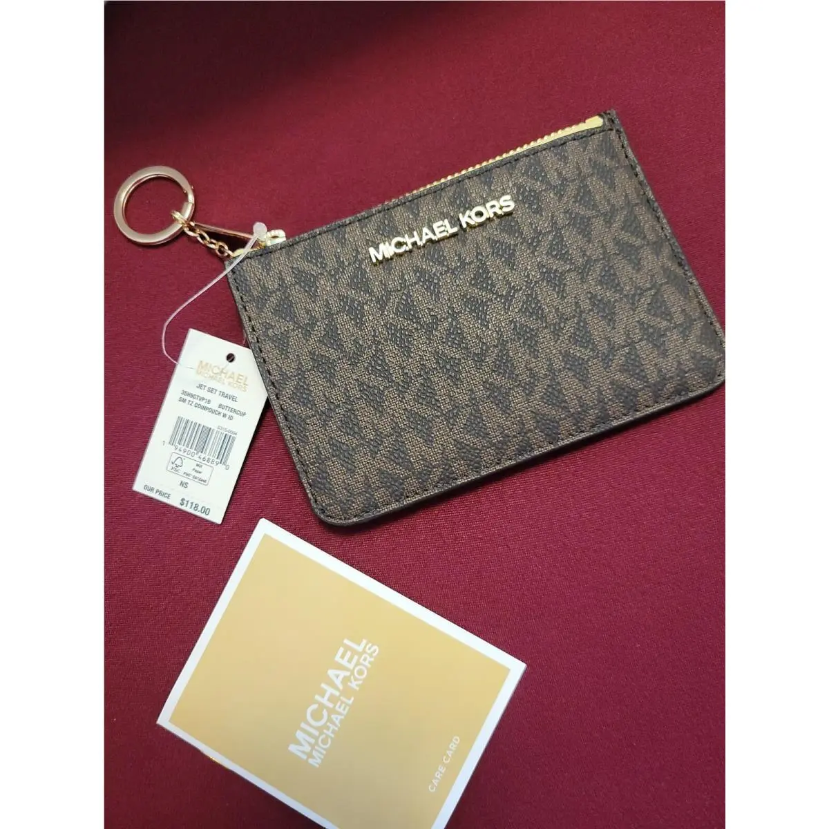 Michael Kors Key Ring Zip Coin Pouch/id Card Holder Brown/ Buttercup