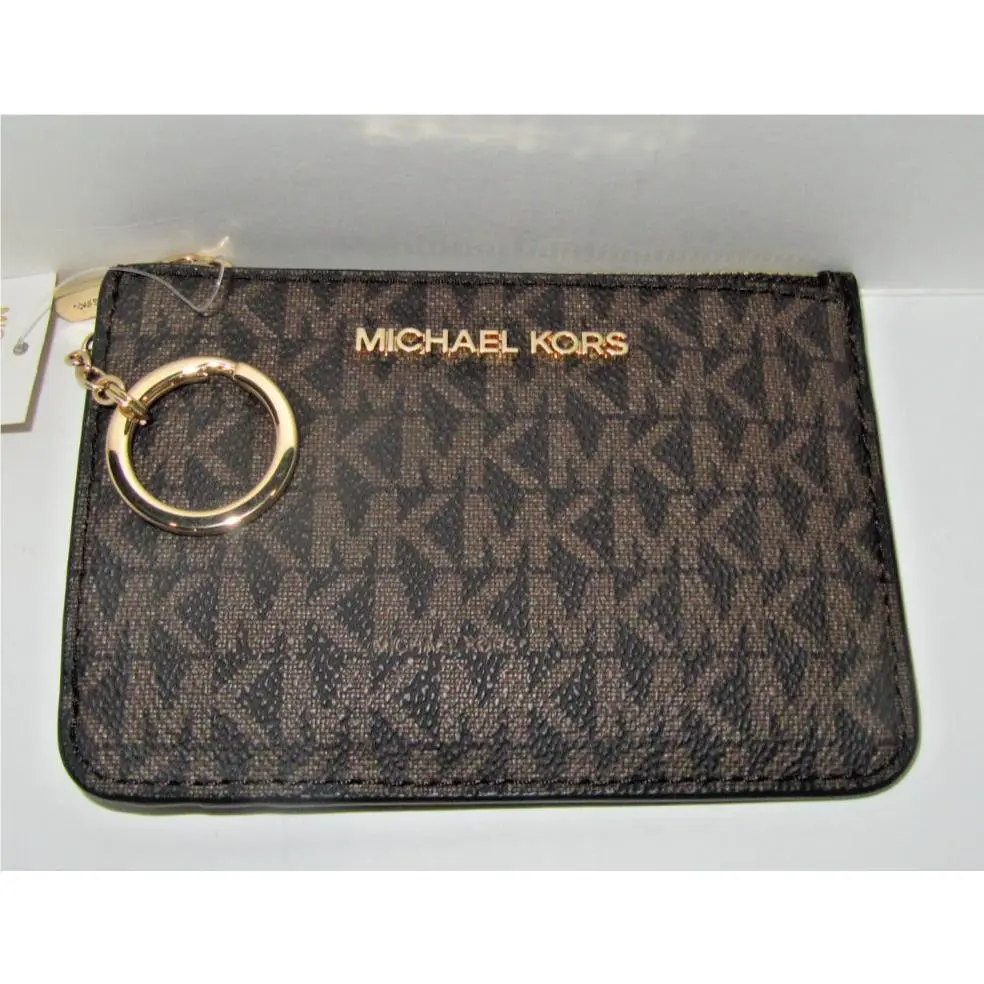 Michael Kors Jet Set Travel Small Top Zip Coin Pouch Brown Signature Key Ring