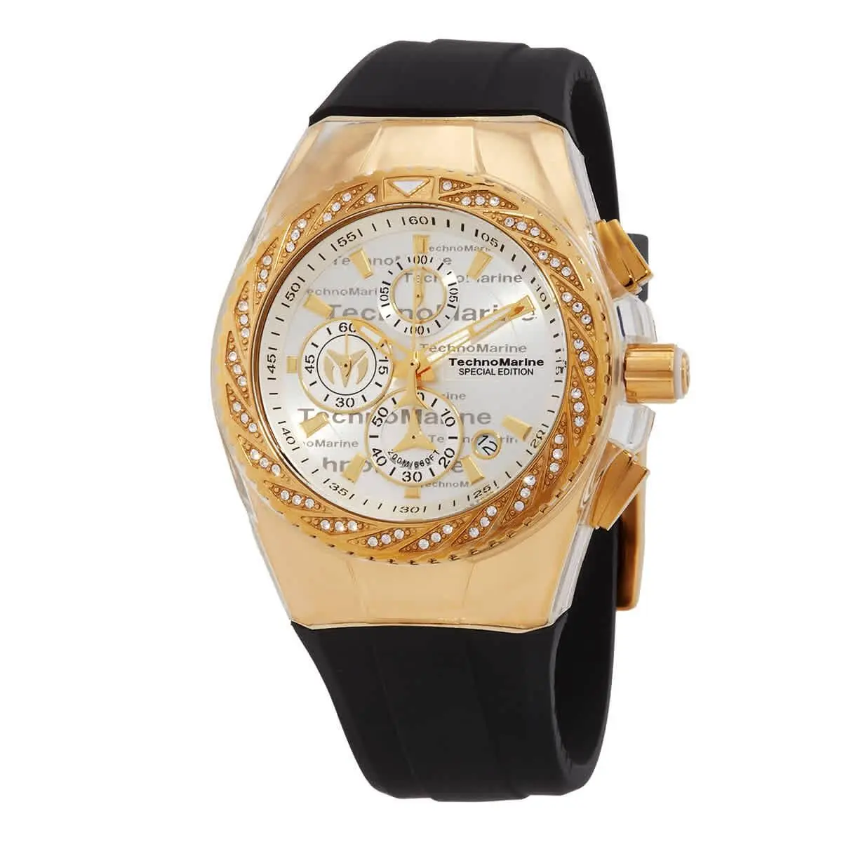 Technomarine Special Edition Cruise Glitz Chronograph Quartz White Dial Men`s - Dial: White, Band: Black, Bezel: Gold-tone