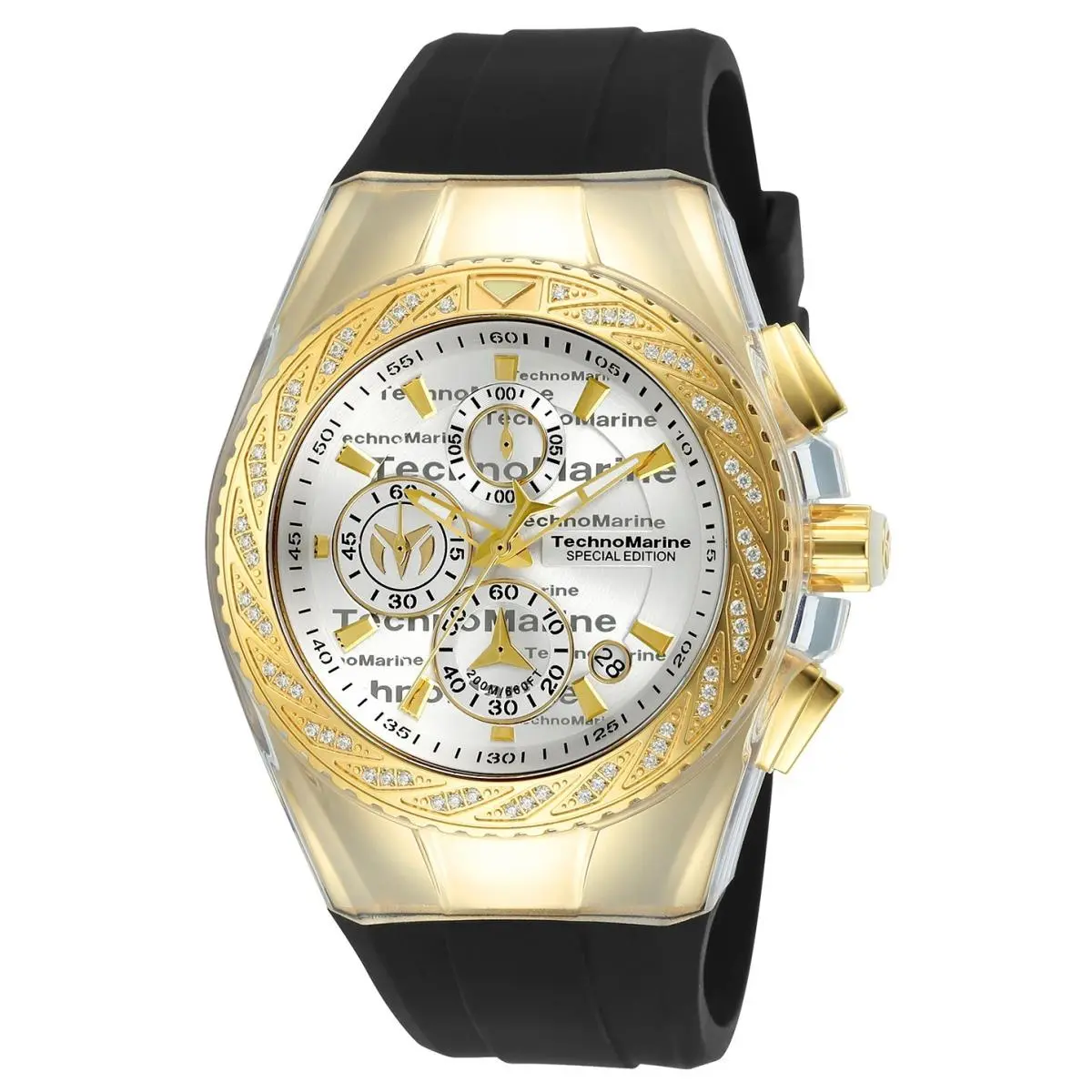 Technomarine TM-117002 Cruise Glitz Special Edition Gold 45mm Gold Black Strap - Dial: Silver, Band: Black, Bezel: Gold with Stones
