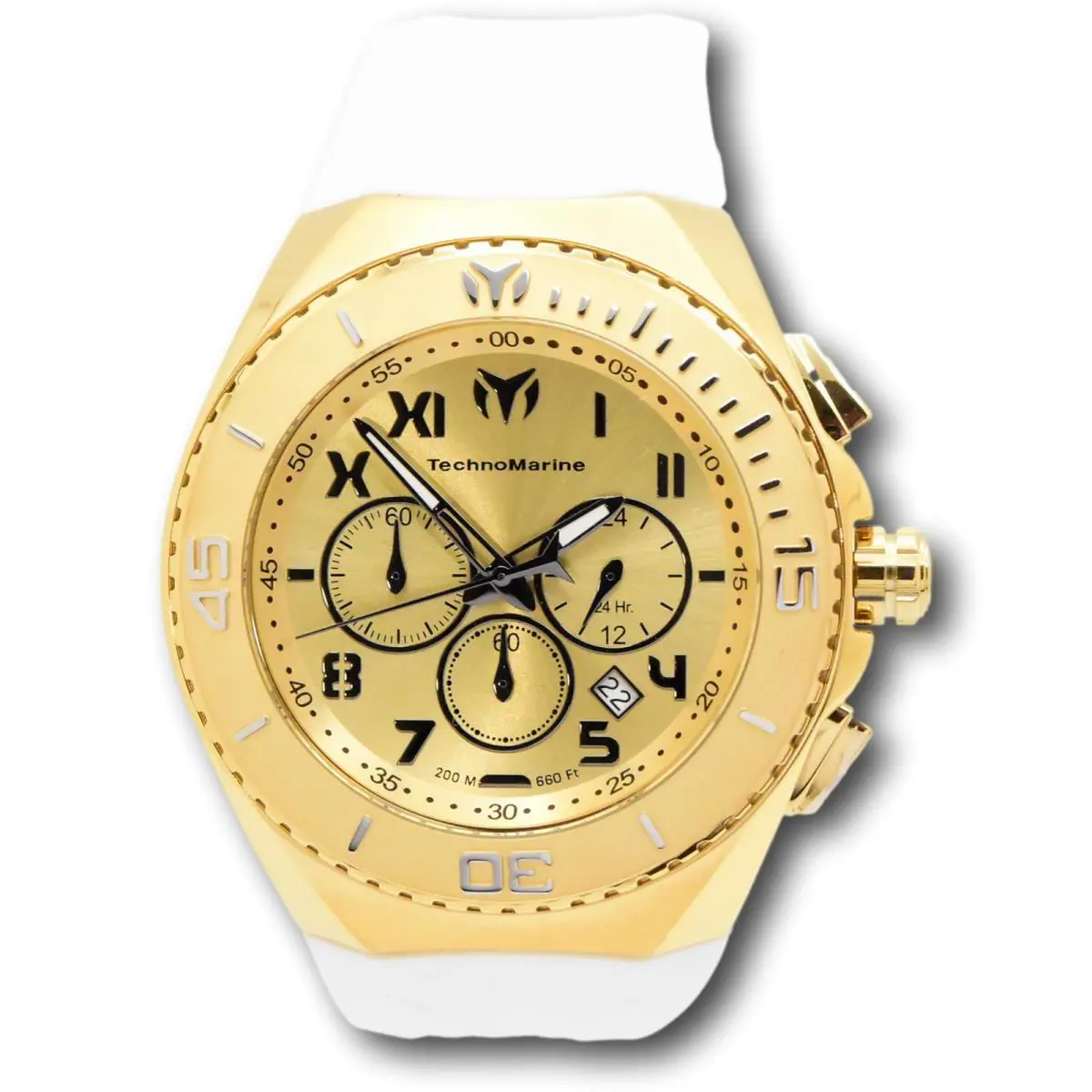 Technomarine Ocean Manta Men`s 48mm Double Gold White Chrono Watch TM-225020 - Dial: Black, Champagne, Gold, Yellow, Band: White, Bezel: Gold, Silver, Yellow