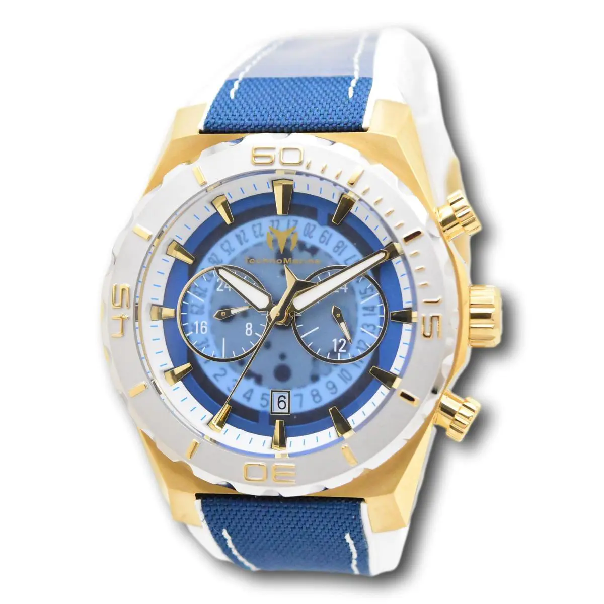 Technomarine Reef Shark Men`s Dual Time Dials Anatomic Quartz Watch TM-519007 - Dial: Blue, Gold, White, Yellow, Band: Blue, White, Bezel: Gold, White, Yellow