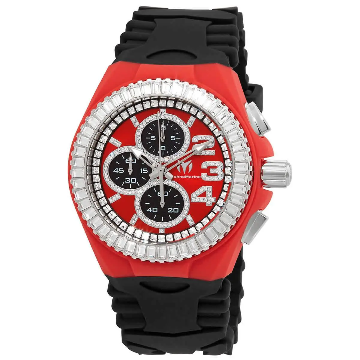 Technomarine Cruise Chronograph Quartz Crystal Red Dial Men`s Watch TM-121185 - Dial: Red, Band: Black, Bezel: Silver-tone