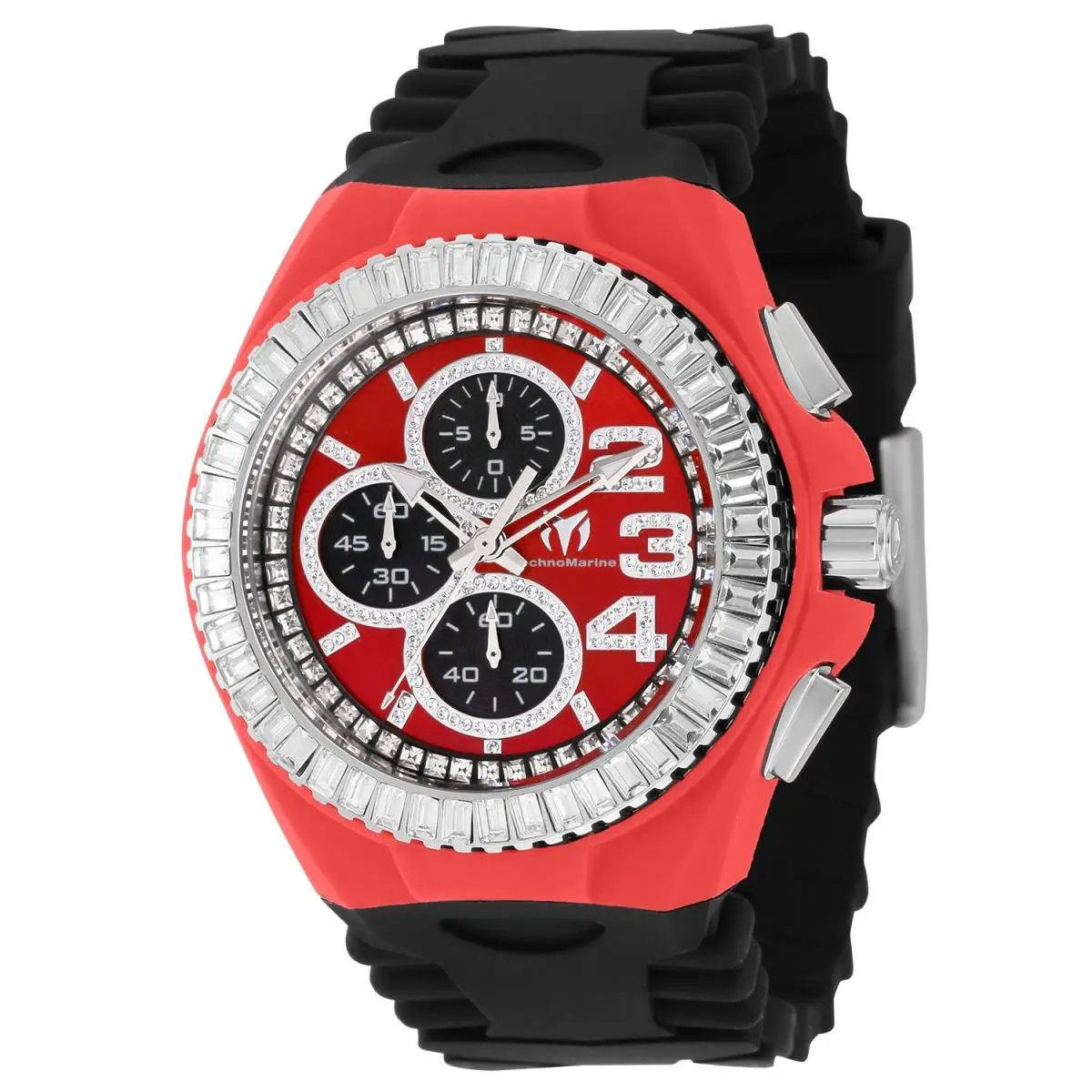 Technomarine TM-121185 Men`s Cruise Jellyfish 45mm Red Dial Retro Strap w Stones - Dial: Red, Band: Black, Bezel: Black