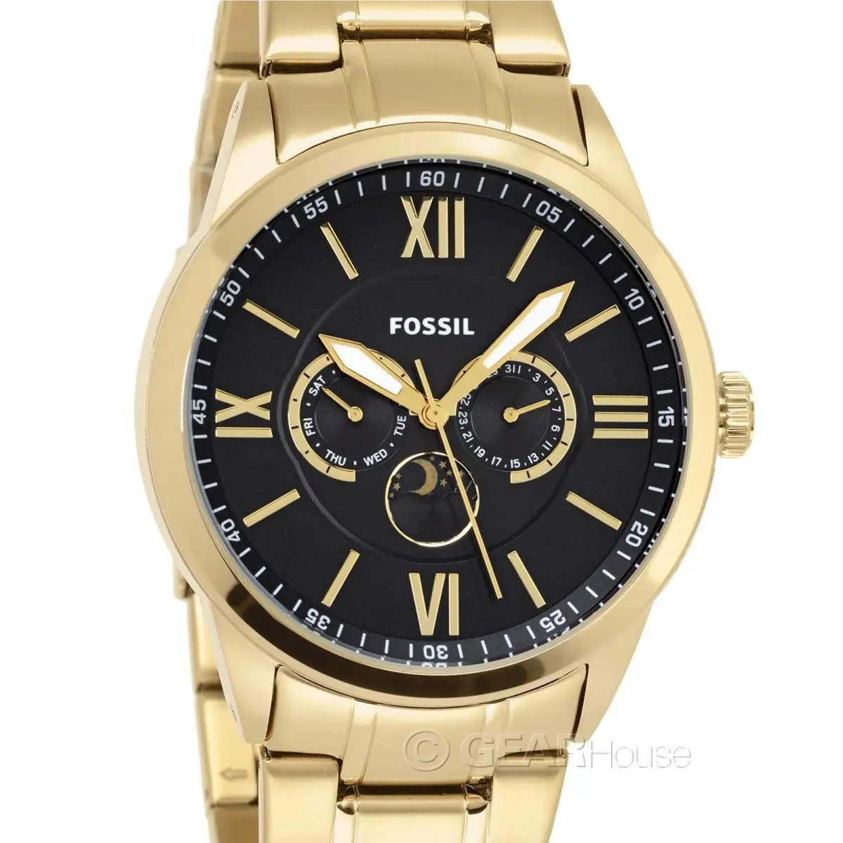 Fossil Flynn Mens Gold Multifunction Watch Black Dial w/ Day Date Moon/sun