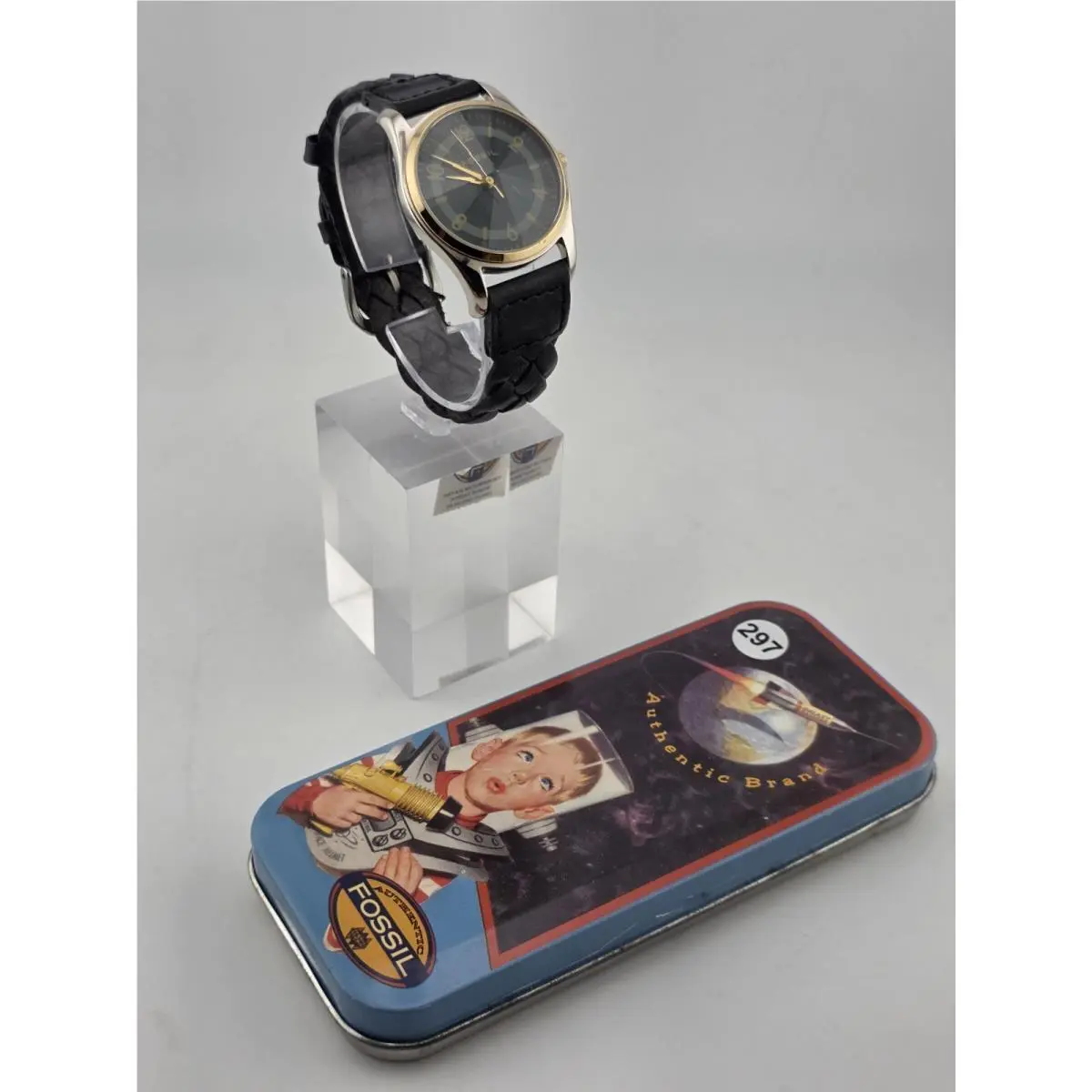 Fossil PC-9626 Gold Tone Black Dial Quartz Watch Leather Strap 36mm