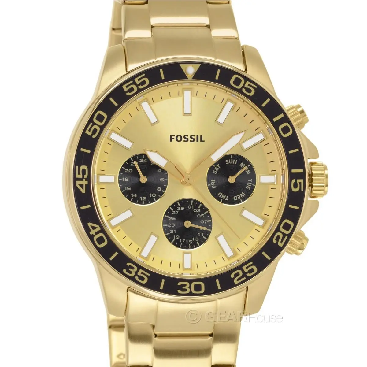 Fossil Bannon Mens Multifunction Watch Gold Black Dial Stainless Steel Band