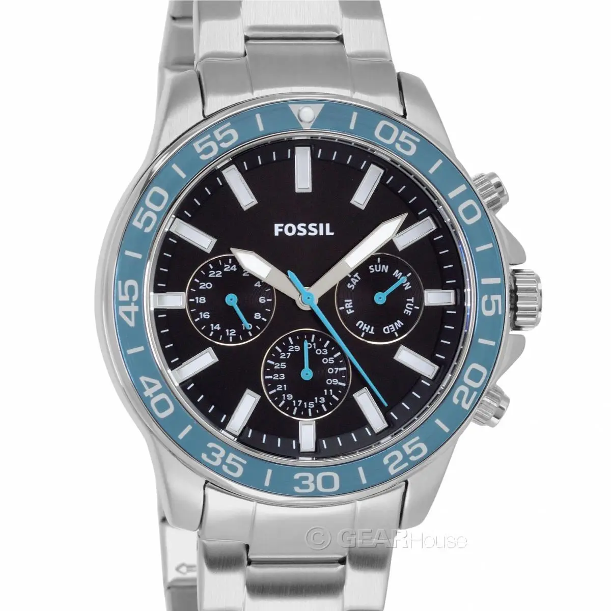 Fossil Bannon Mens Multifunction Watch Black Blue Dial Stainless Steel Band