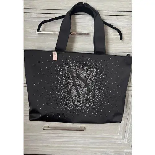 Victoria`s Secret Black Rhinestone Shine Tote Bag Logo VS Large