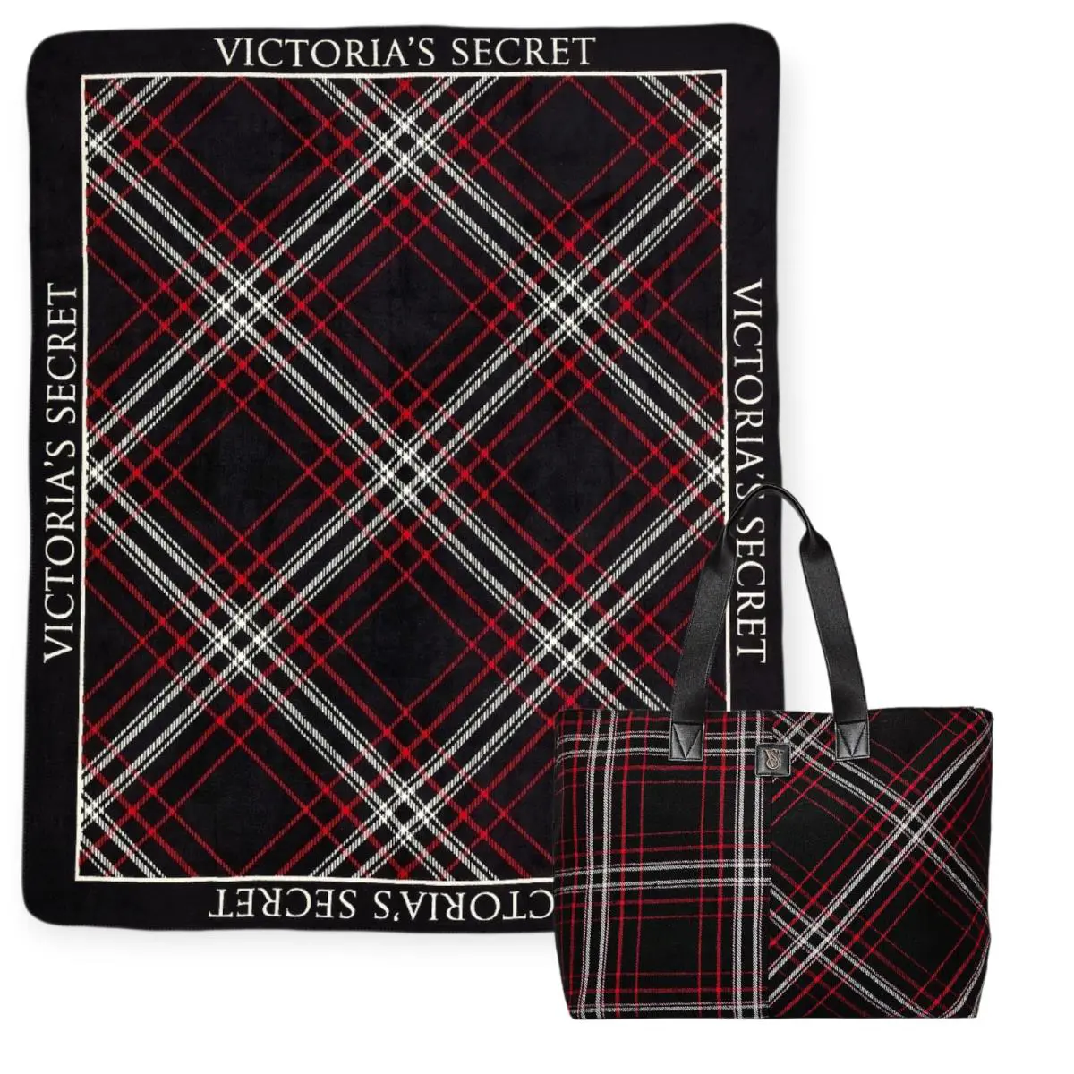 2025 Victoria`s Secret Weekender Holiday Black Red Plaid Tote Bag Blanket - Handle/Strap: Black, Hardware: Black, Red, Exterior: Red