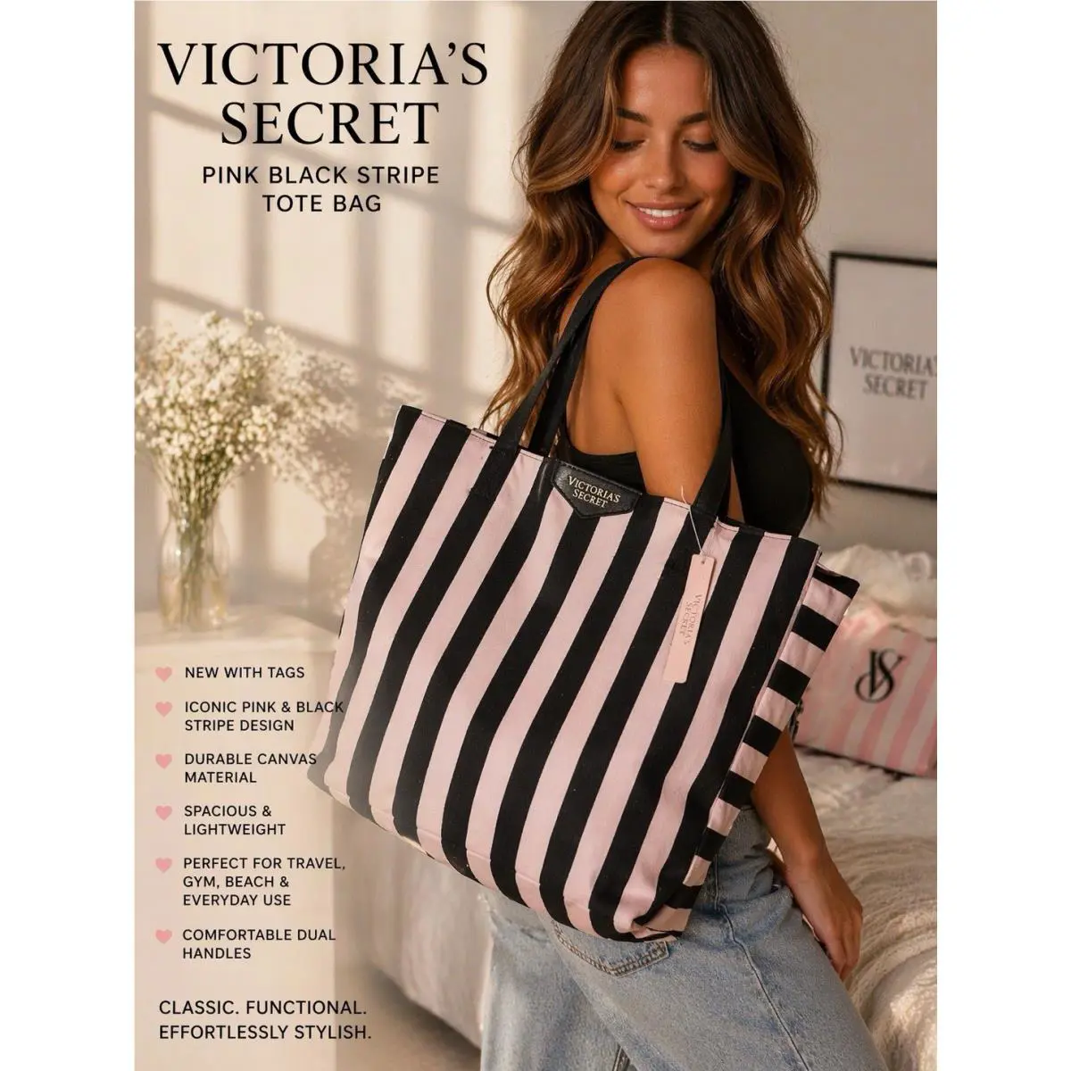 VS Victoria`s Secret Large Canvas Tote Beach Bag Pale Pink Black Striped