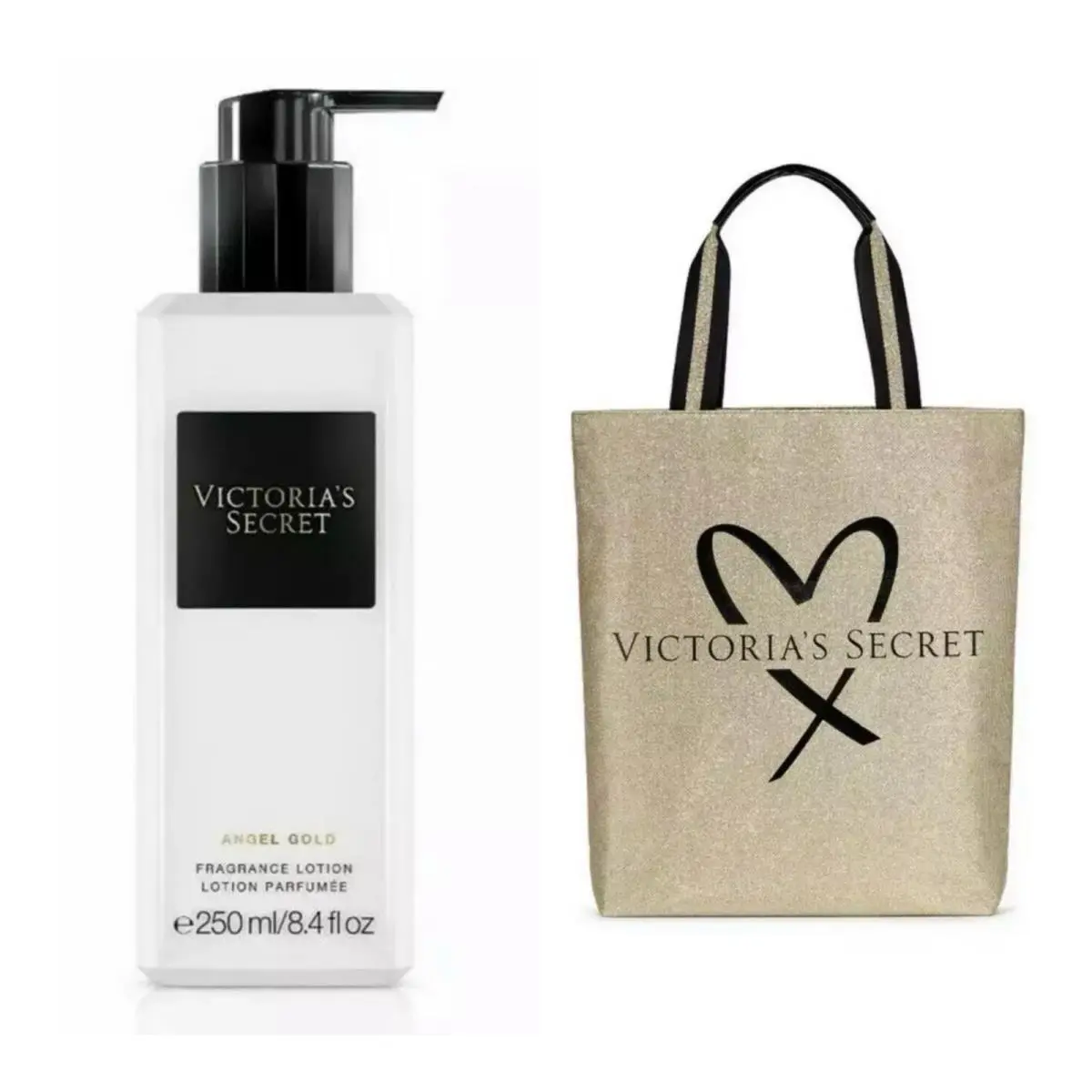 Victoria`s Secret Angel Gold Fragrance Lotion and VS Gold Tote Bag