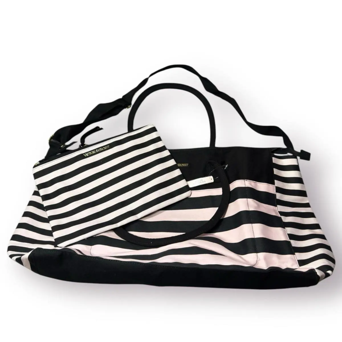 Victoria’s Secret Pink Stripe Weekend Bag Getaway Travel Large Tote Set