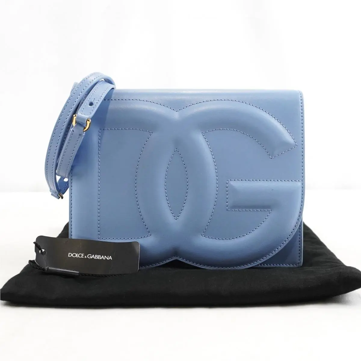 Dolce Gabbana DG Logo Crossbody Bag In Light Blue Calfskin Leather with Strap