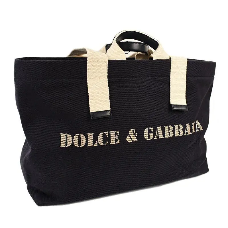 Dolce Gabbana Blue Drill Stamp Canvas Leather Tote Shoulder Bag Italy
