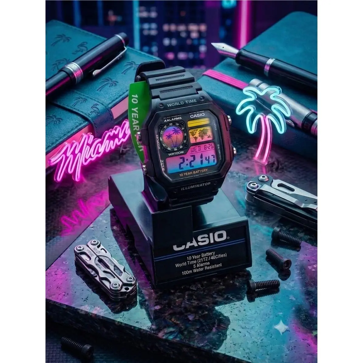 AE-1200WHD Royale World Time Watch Mod Vice City Sunset Gradient Display by Casio