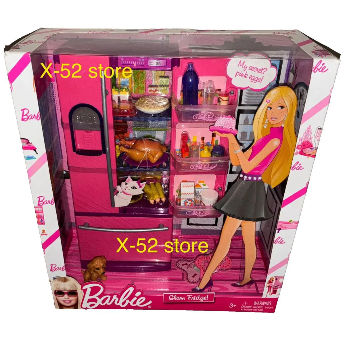 Barbie Doll Series Pink Kitchen Glam Fridge Set with Pet Dog Figure Toy Mattel