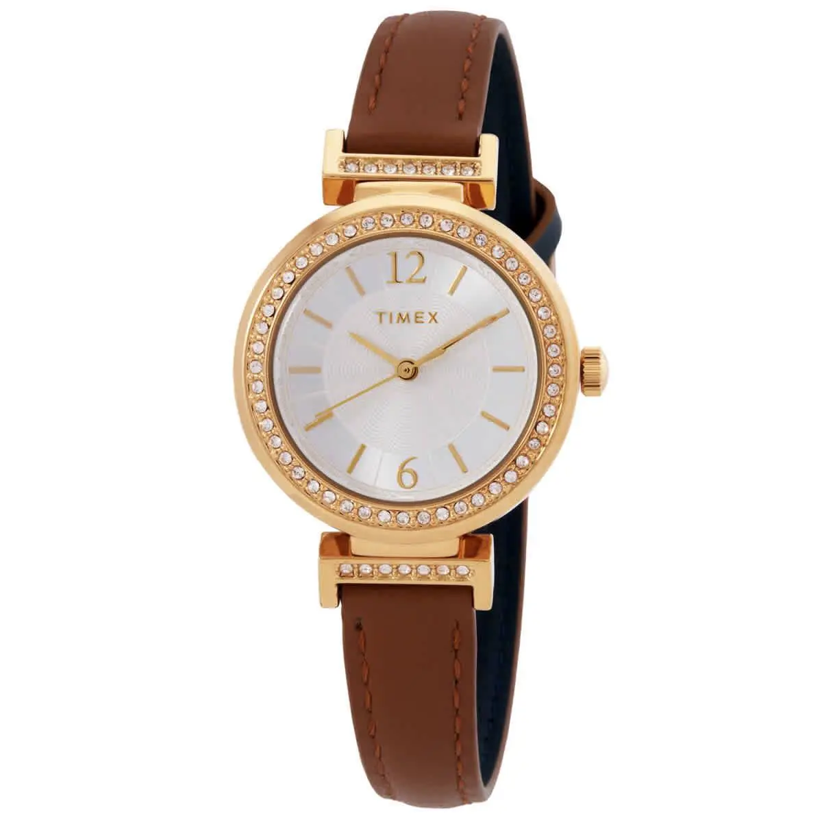 Timex Trend Quartz Crystal Silver Dial Ladies Watch TW2W49000JI - Dial: Silver, Band: Brown, Bezel: Gold-tone