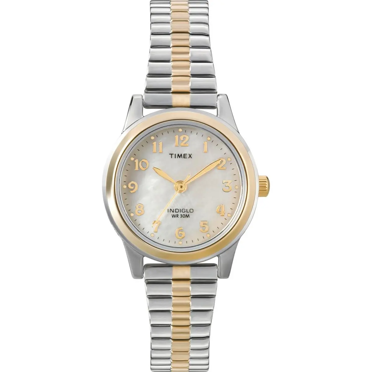 Timex Womens T2M828 Essex Avenue Two-tone Stainless Steel Expansion Band Watch - Two-Tone/Mother Of Pearl, Dial: Mother Of Pearl, Band: Gold
