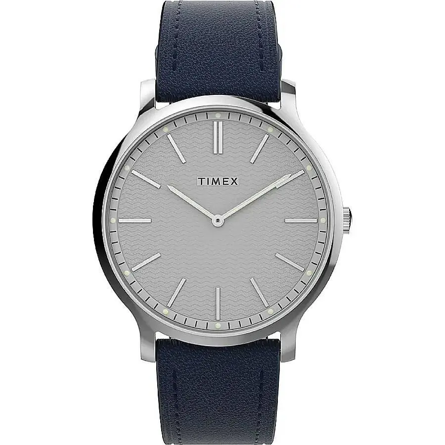 Timex Trend Quartz Silver Dial Men`s Blue Leather Minimal Watch 40mm TW2W43800