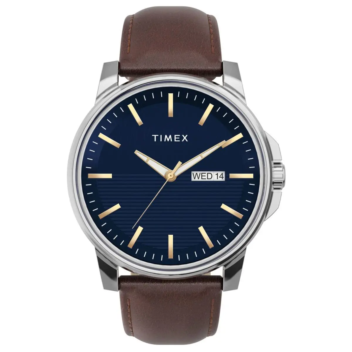 Timex Men`s Premium Dress Watch 45mm Blue Dial Stainless Steel Case Brown Strap