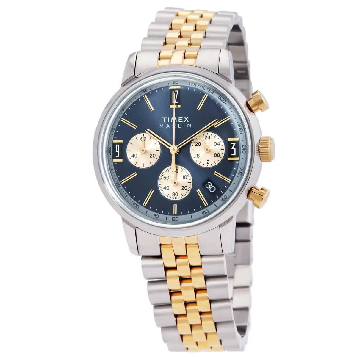 Timex Marlin Chronograph Quartz Blue Dial Men`s Watch TW2W60200 - Dial: Blue, Band: Two-tone (Silver-tone and Gold-tone), Bezel: Silver-tone