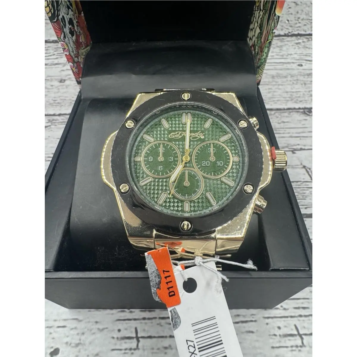 Gold Tone Chronograph Watch with Green Dial by Ed Hardy
