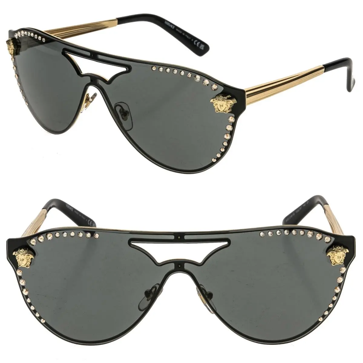VE2161B Glam Crystal Stud Rock Medusa 2161 Black Gold Aviator Sunglasses by Versace