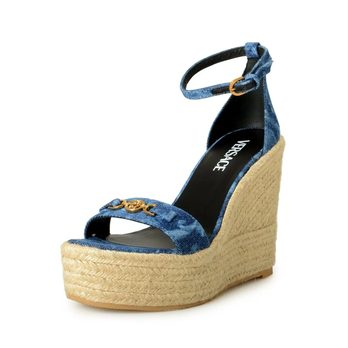 Versace Women`s Denim Gold Medusa Ankle Strap Wedges Sandals Shoes US 9 IT 39