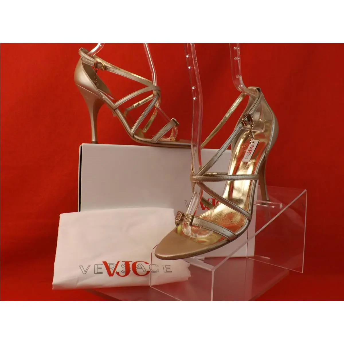 Vjc Champagne Leather Rhinestone Jeweled Wedding Sandals Pumps 39 by Versace