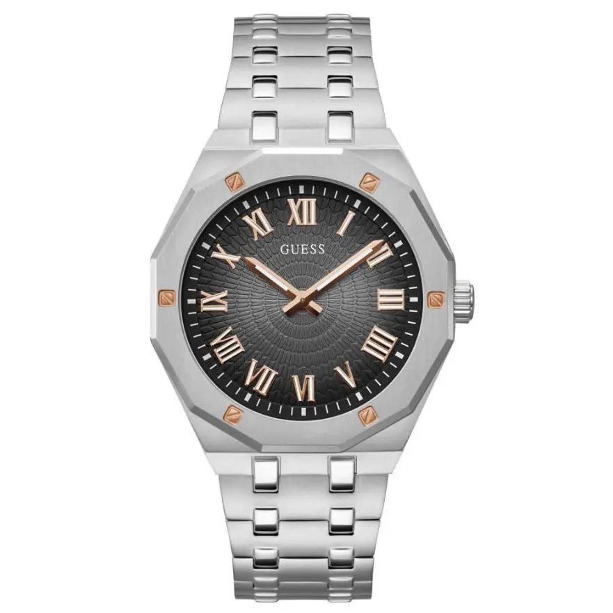 Guess Silver-tone Analog Black Dial Steel Strap Men`s Watch GW0575G1