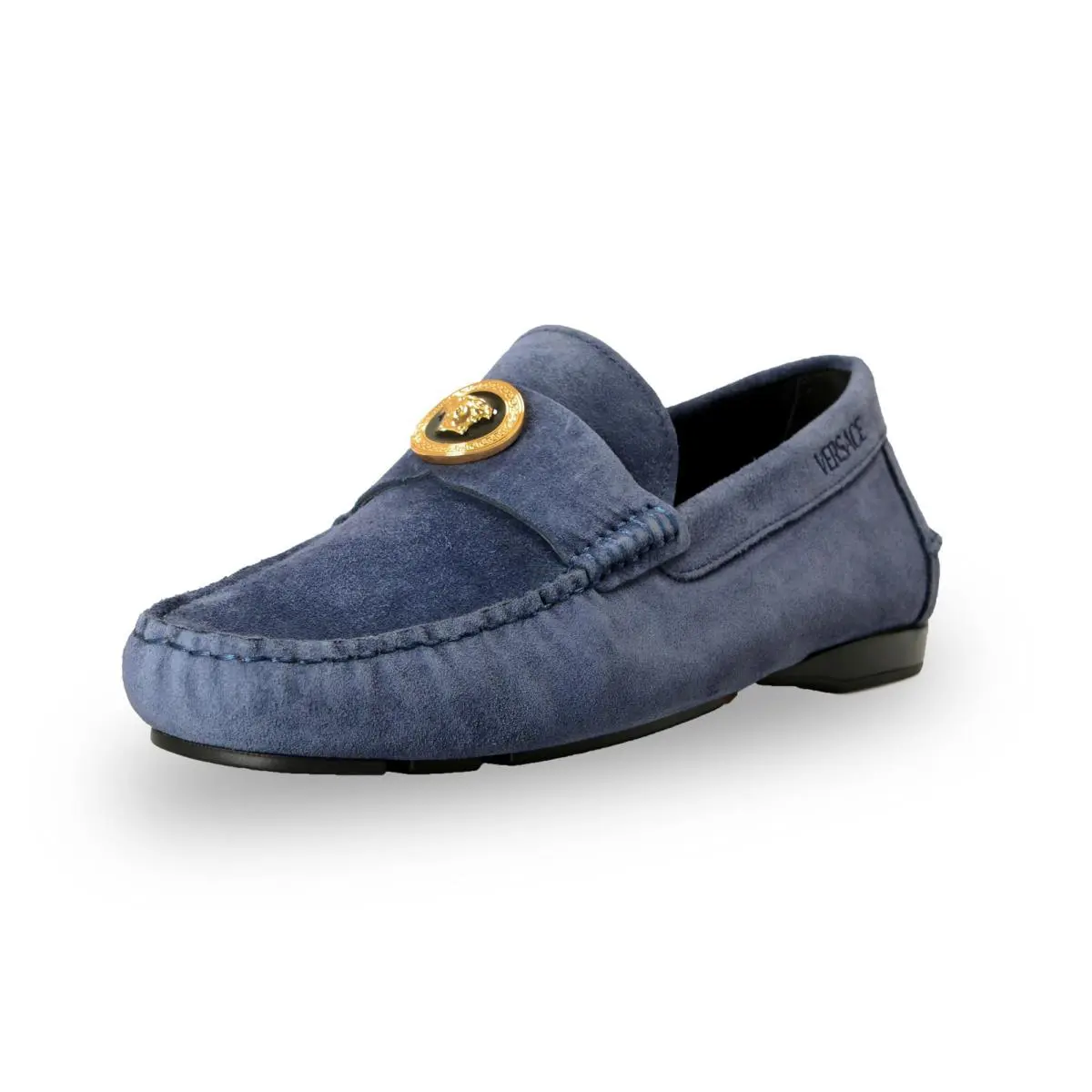 Versace Men`s Suede Leather Gold Medusa Driver Loafers Shoes US 8 IT 41 - Blue