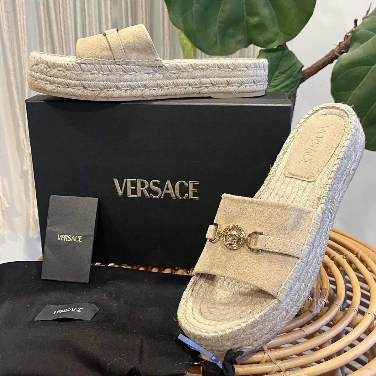 Medusa `95 Suede Gold Espadrille Sandals Flats Shoes - Size 9 / 40 by Versace