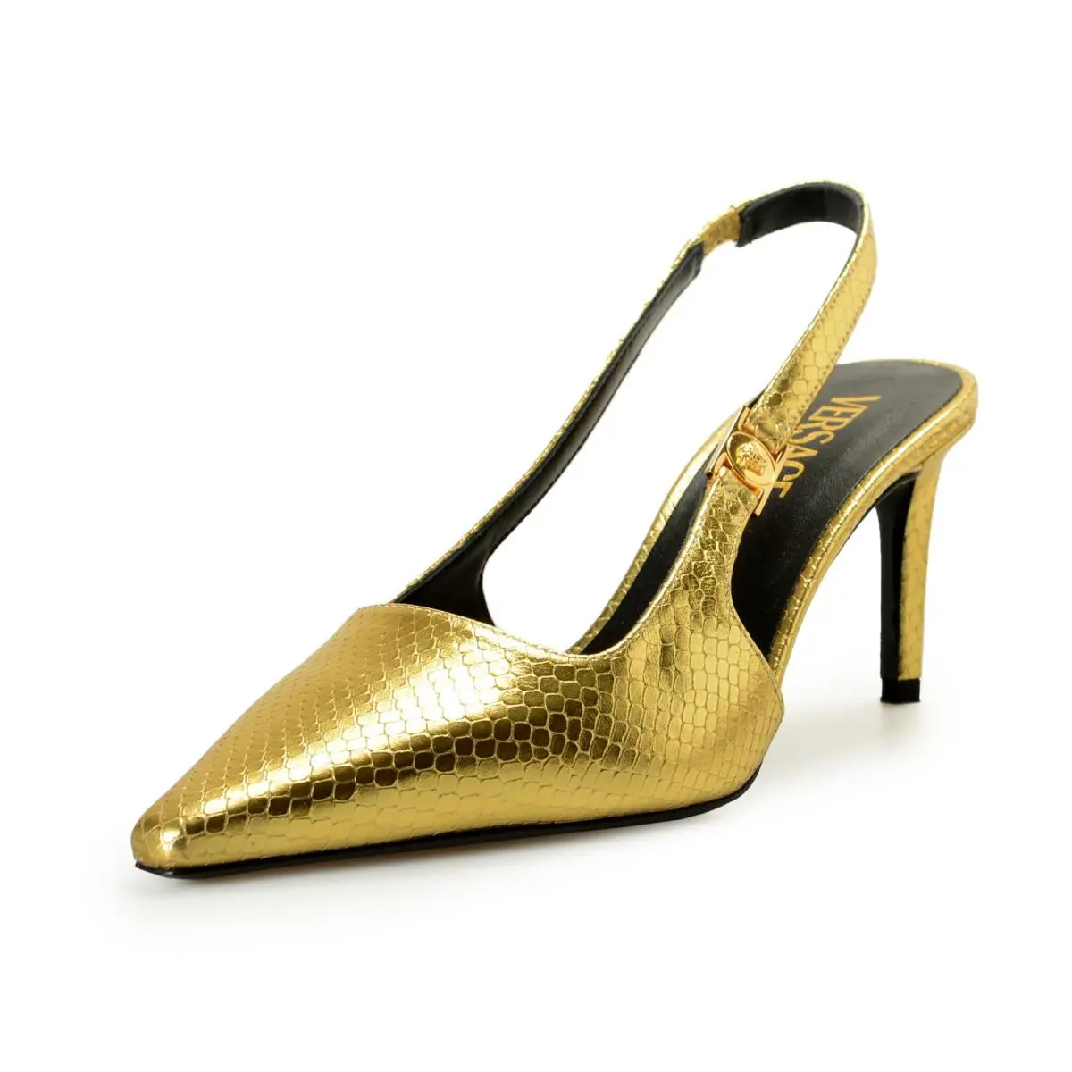 Versace Women`s Gold Snake Print Leather Heeled Slingback Pumps Shoes US 5 IT 35