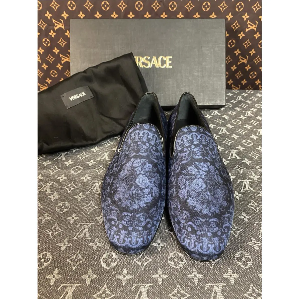 Deadstock Mens Versace Baroque Print Silk Loafers Black/blue Size 8D US / 41 EU