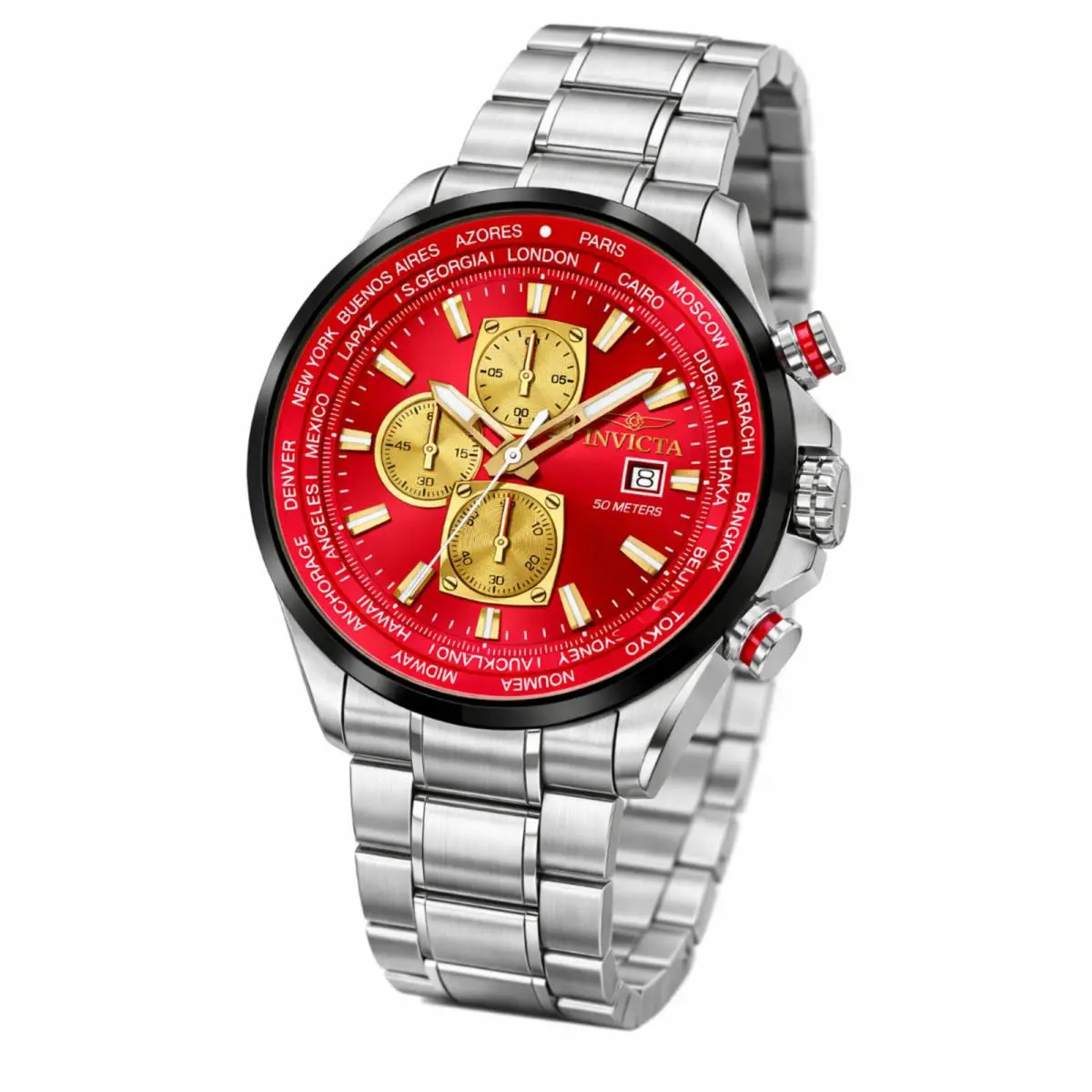 Invicta Men`s Watch Aviator Chronograph Red Dial Stainless Steel Bracelet 50502 - Dial: Red, Band: Silver