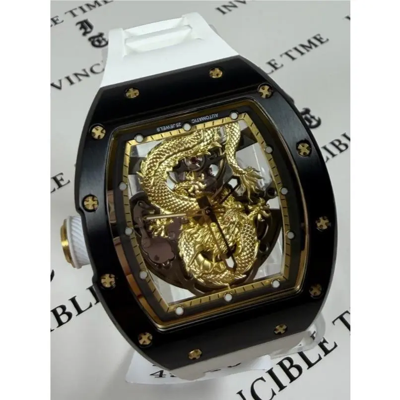 Invicta S1 Rally Dragon Edition Men`s 41mm Automatic Skeleton Watch White 49013 - Dial: Black, Band: White, Bezel: Black, Gold